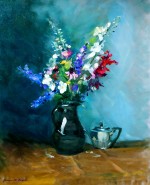 48. Flowers in a Brown Jug with Silver Teapot
